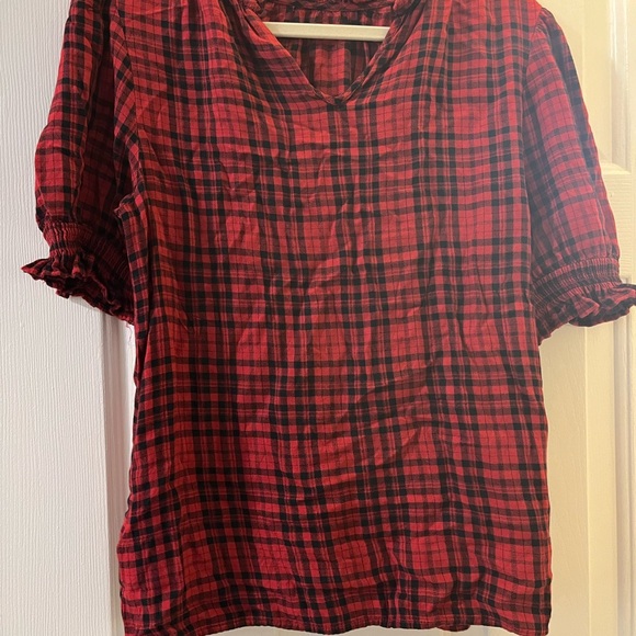 Red ruffle plaid blouse womens xs holiday work - Picture 2 of 5